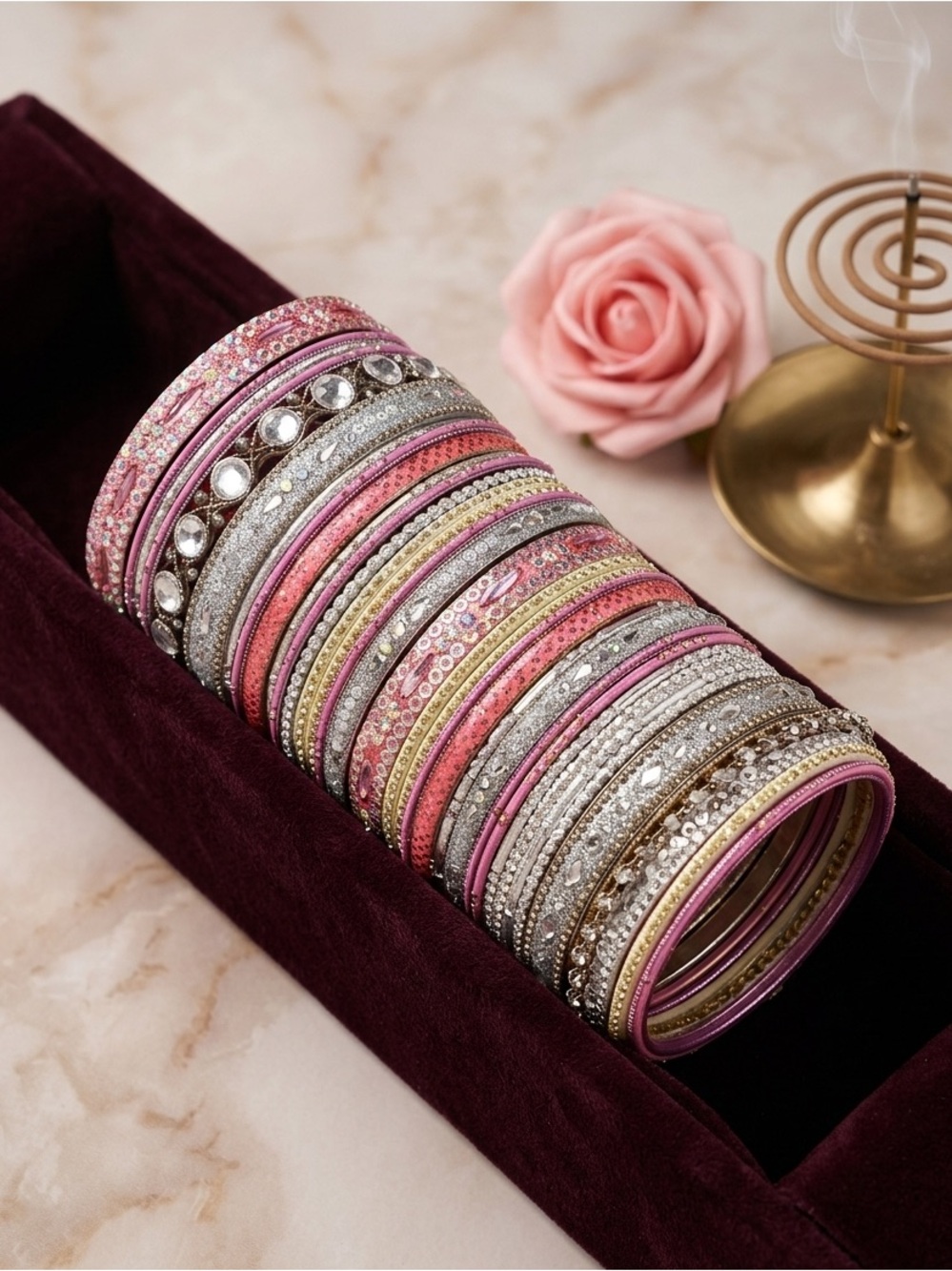 Elegant Pink and Silver Women's Bangle Bracelet Set